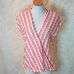 New York & Company Blouse Top Pink/White Stripes L Short Sleeve V neck Knit